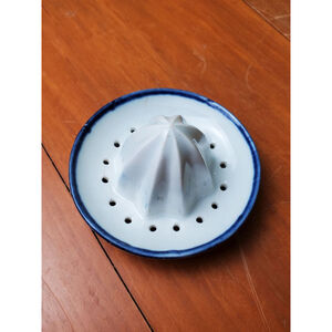 Vintage Porcelain Citrus Juicer White with Blue Edge